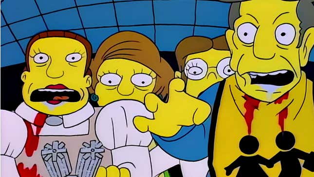 Une capture d'écran de The Simpsons montre le personnel de l'école couvert de sang et chargeant les enfants.